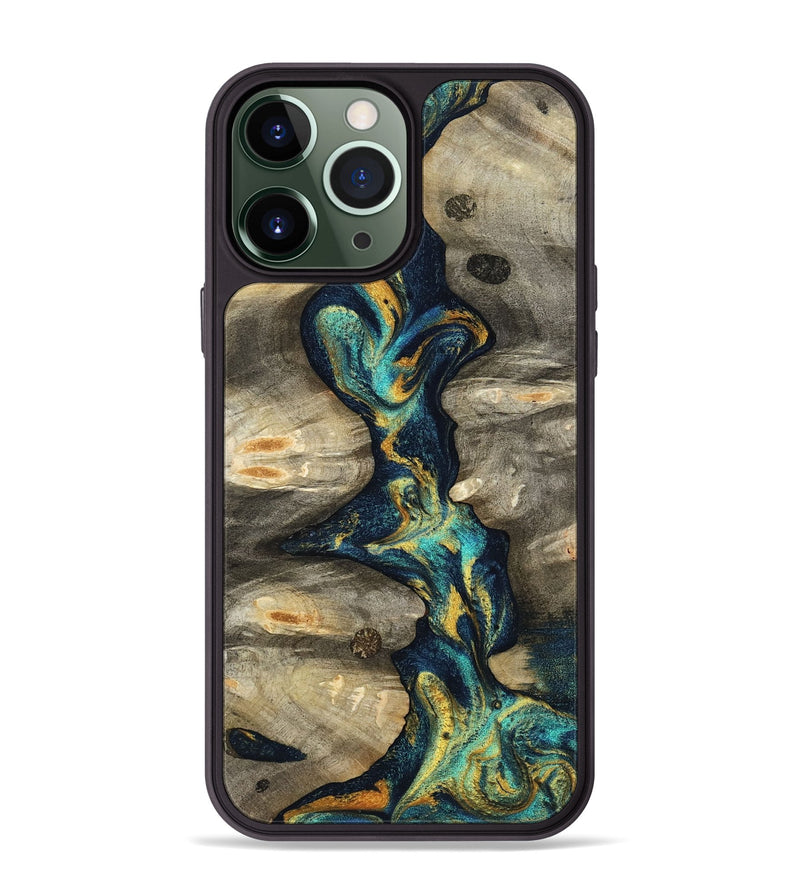iPhone 13 Pro Max Wood Phone Case - Syreeta (Teal & Gold, 800459)