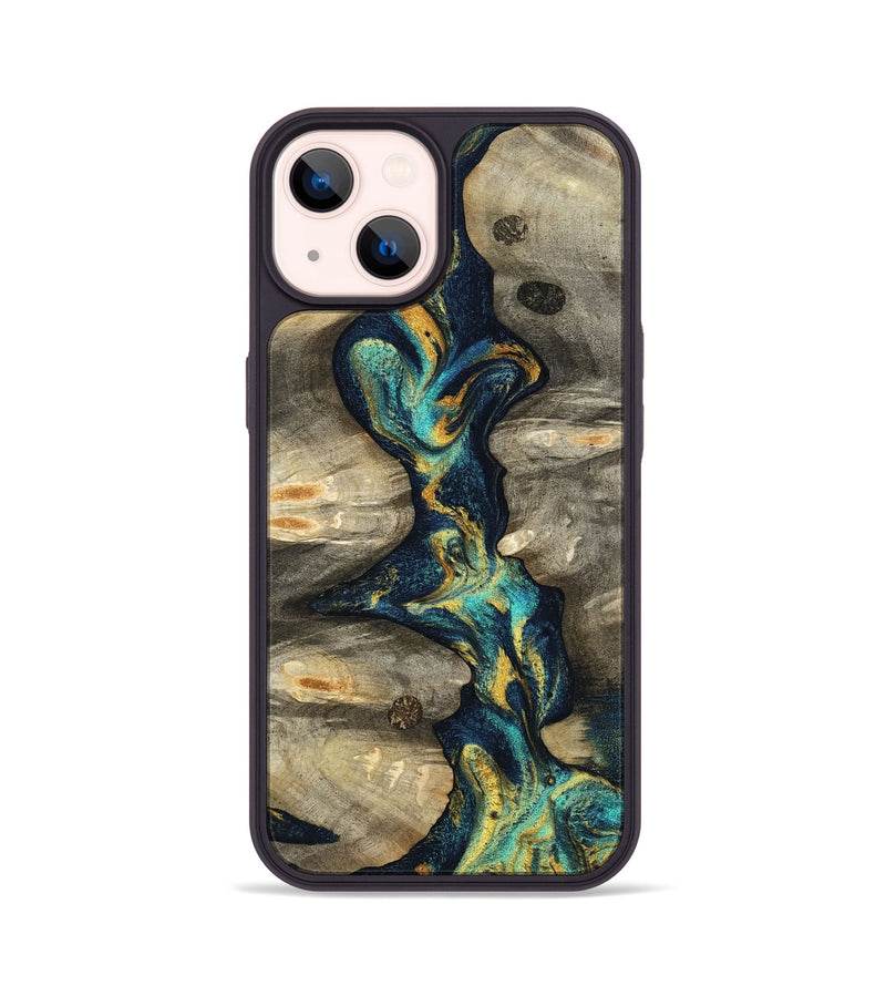 iPhone 14 Wood Phone Case - Syreeta (Teal & Gold, 800459)