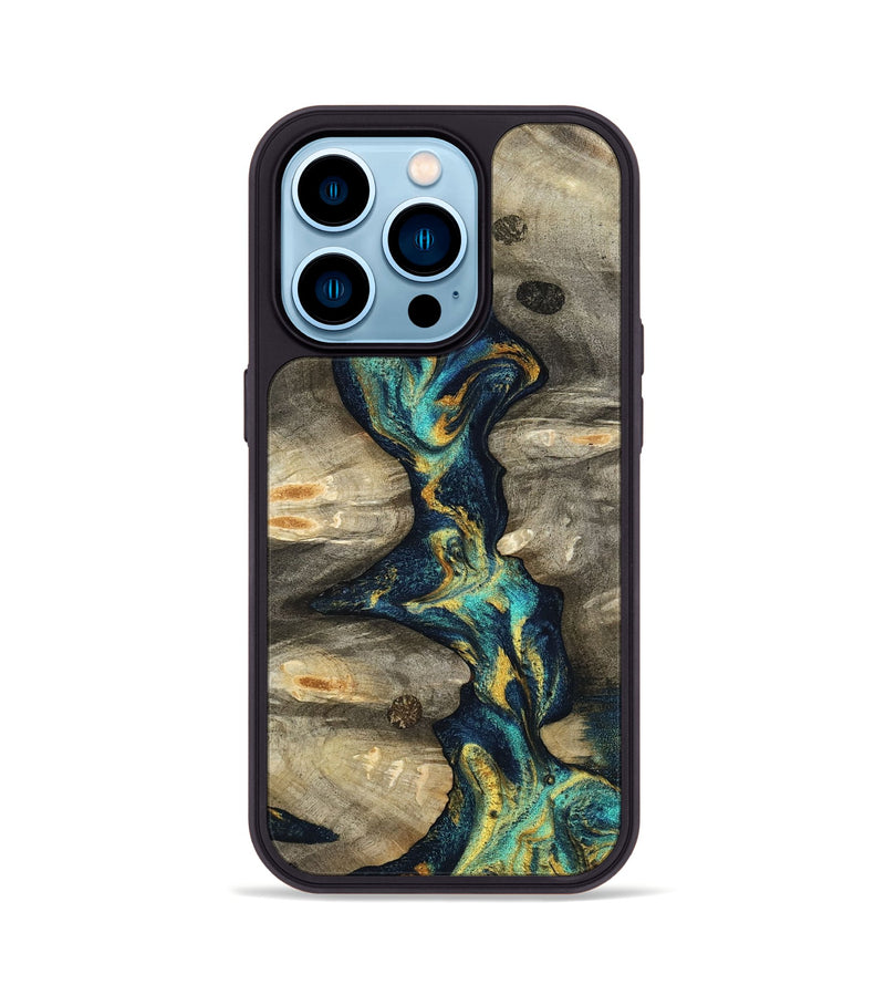 iPhone 14 Pro Wood Phone Case - Syreeta (Teal & Gold, 800459)