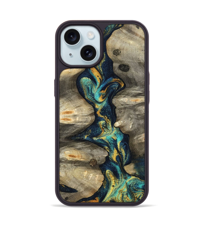 iPhone 15 Wood Phone Case - Syreeta (Teal & Gold, 800459)