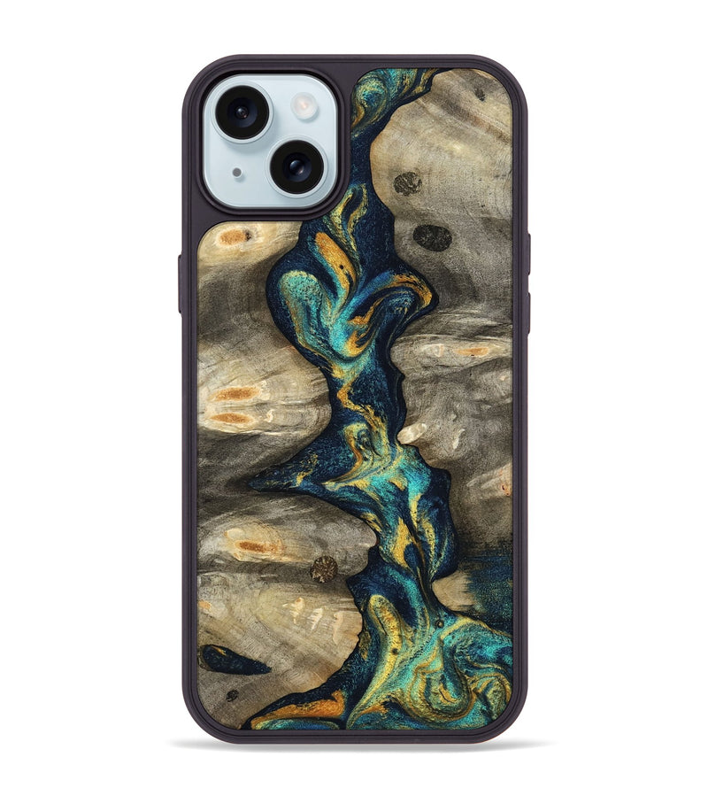 iPhone 15 Plus Wood Phone Case - Syreeta (Teal & Gold, 800459)