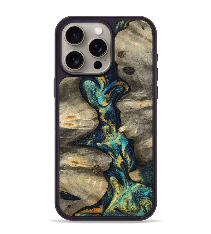 iPhone 15 Pro Max Wood Phone Case - Syreeta (Teal & Gold, 800459)