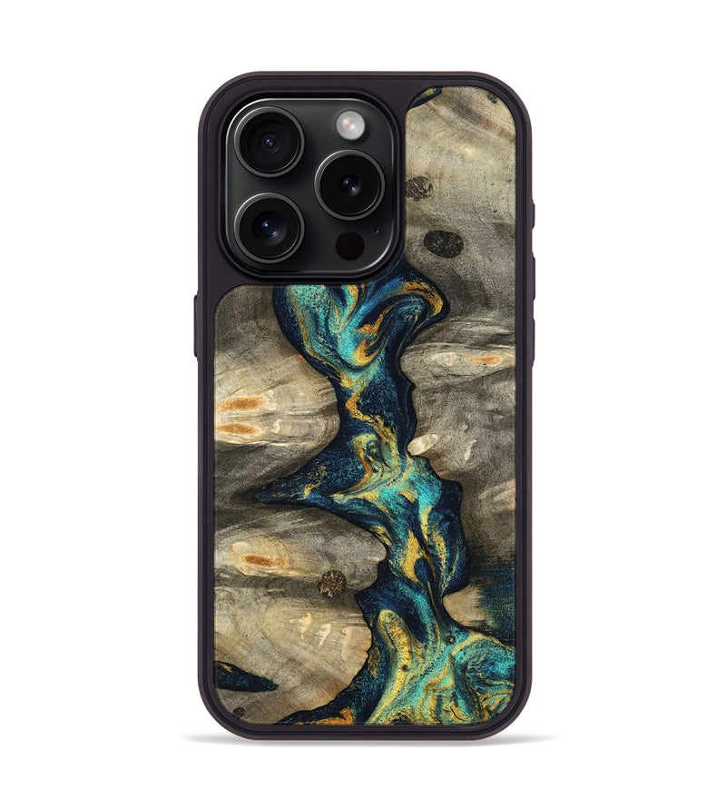 iPhone 15 Pro Wood Phone Case - Syreeta (Teal & Gold, 800459)