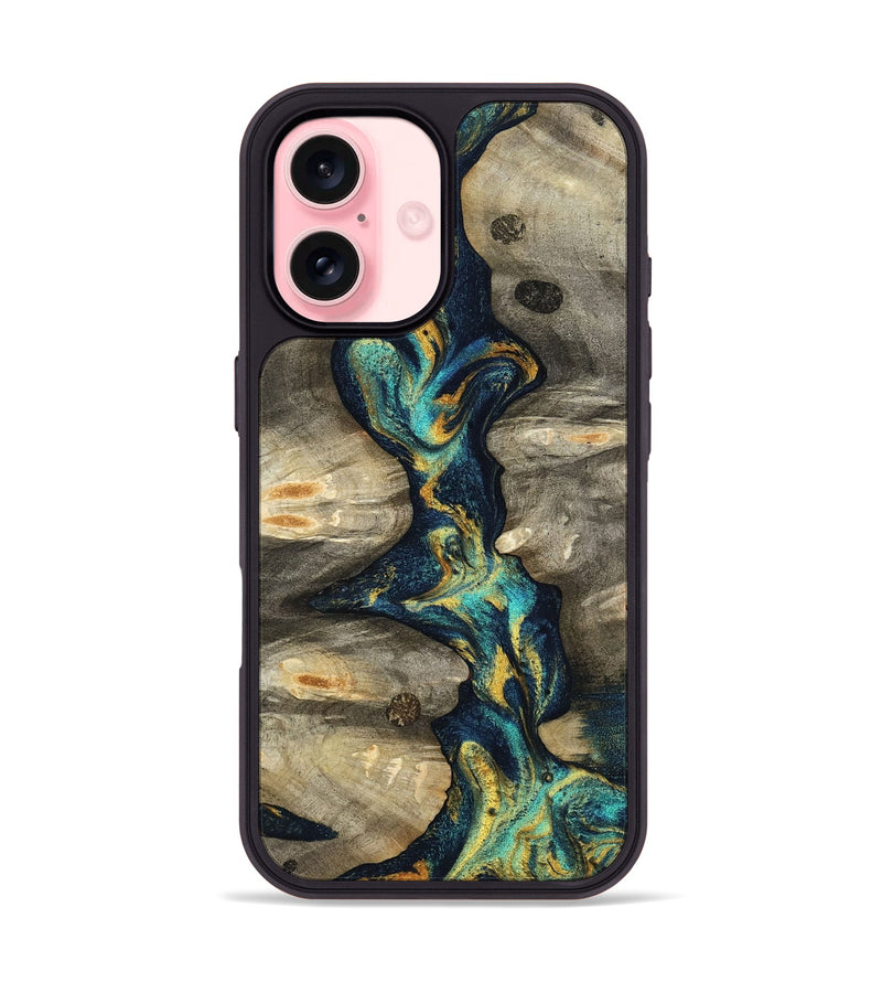 iPhone 16 Wood Phone Case - Syreeta (Teal & Gold, 800459)