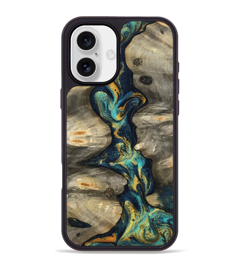 iPhone 16 Plus Wood Phone Case - Syreeta (Teal & Gold, 800459)
