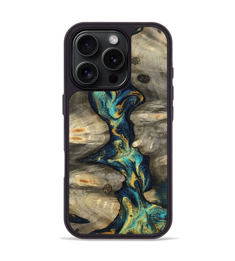 iPhone 16 Pro Wood Phone Case - Syreeta (Teal & Gold, 800459)