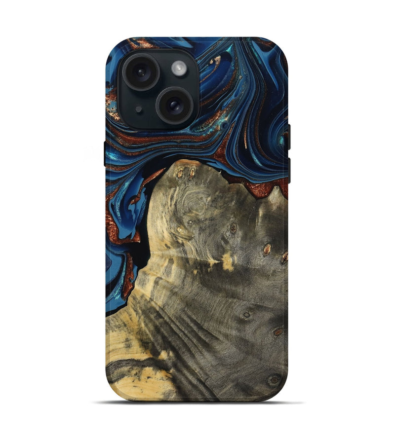 iPhone 15 Wood Live Edge Phone Case - Zora (Teal & Gold, 800481)