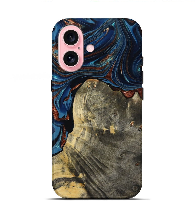 iPhone 16 Wood Live Edge Phone Case - Zora (Teal & Gold, 800481)