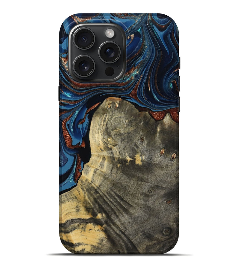 iPhone 16 Pro Max Wood Live Edge Phone Case - Zora (Teal & Gold, 800481)