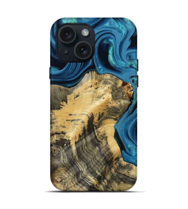 iPhone 15 Wood Live Edge Phone Case - Abigale (Blue, 800485)