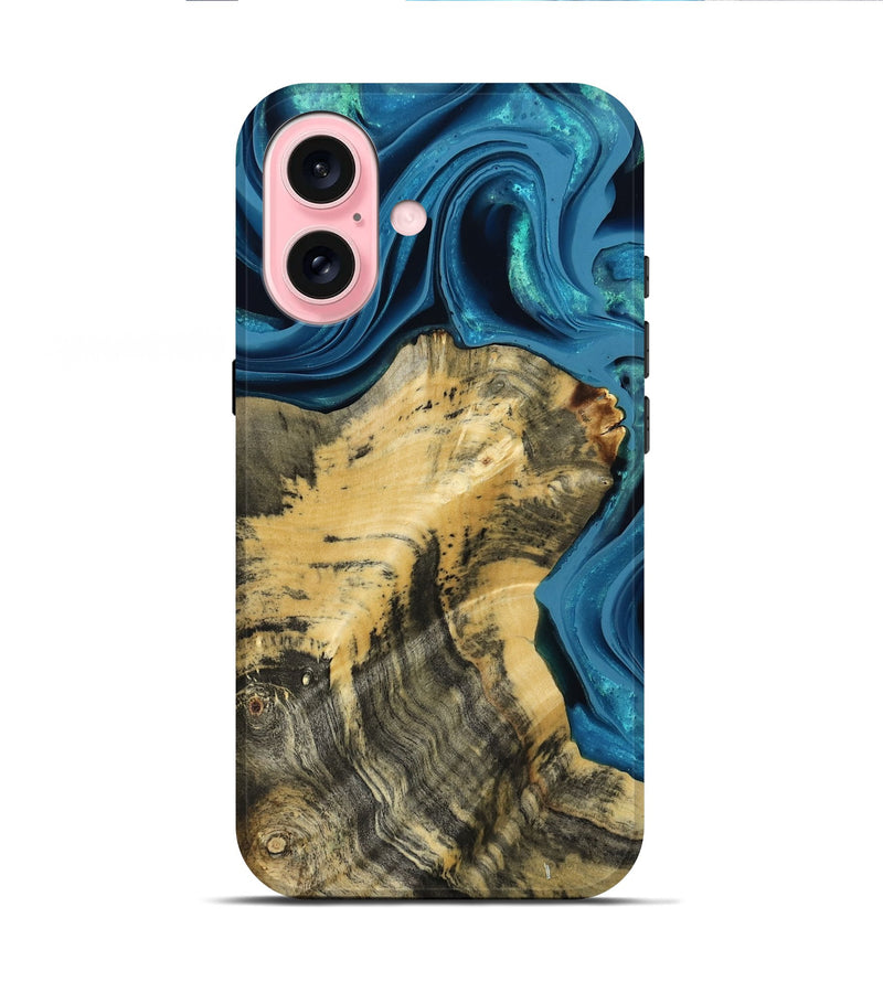 iPhone 16 Wood Live Edge Phone Case - Abigale (Blue, 800485)
