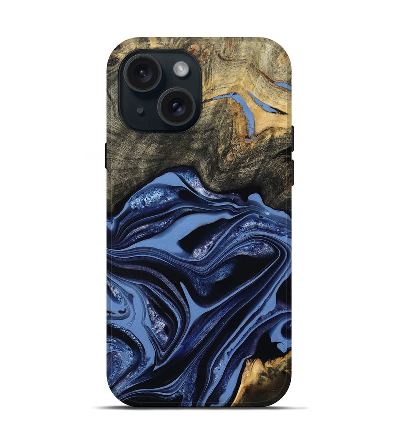 iPhone 15 Wood Live Edge Phone Case - Freeman (Blue, 800486)