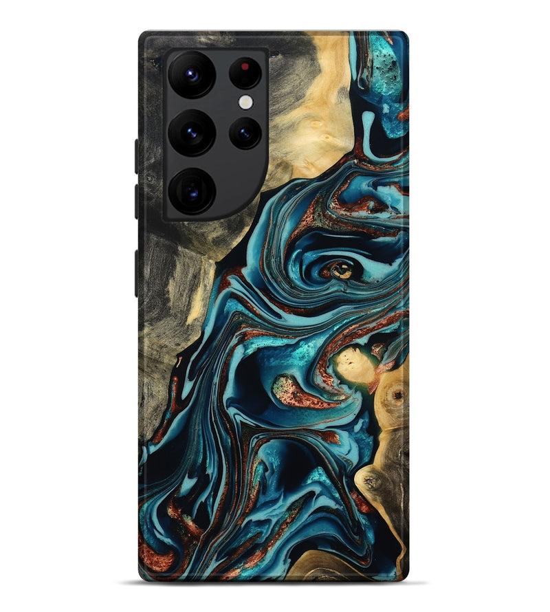 Galaxy S22 Ultra Wood Live Edge Phone Case - Olen (Teal & Gold, 800487)