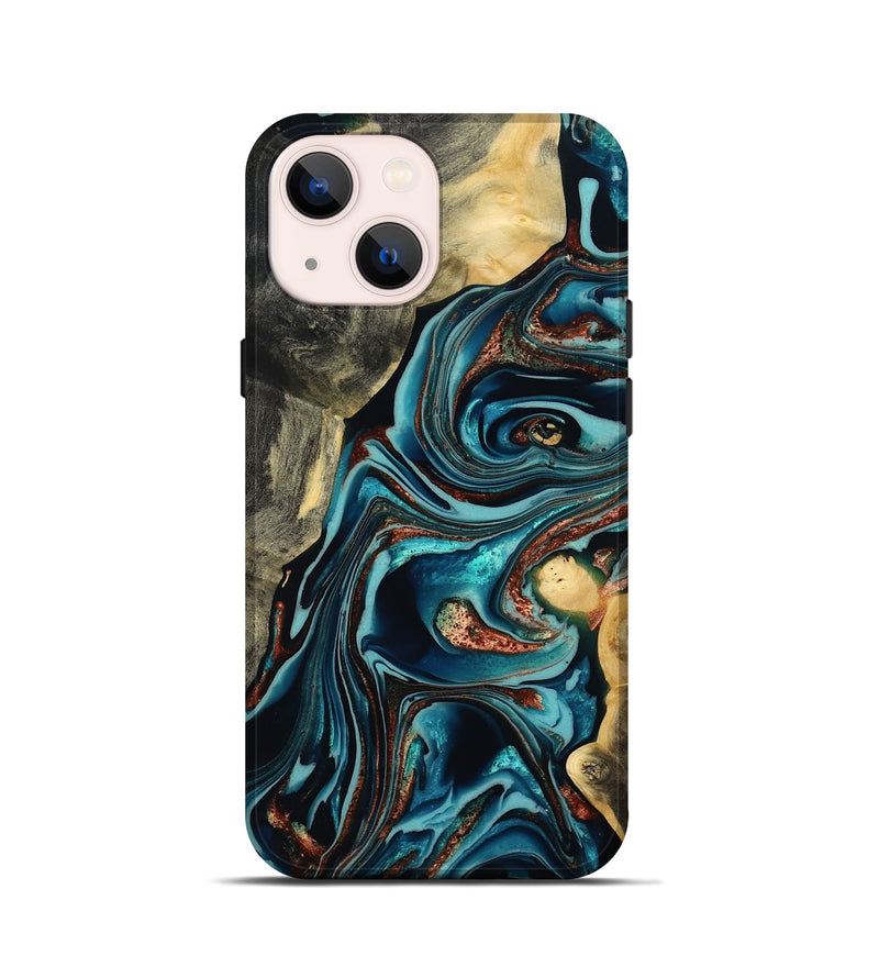 iPhone 13 mini Wood Live Edge Phone Case - Olen (Teal & Gold, 800487)