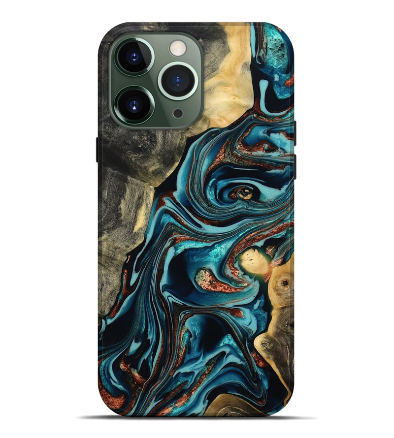 iPhone 13 Pro Max Wood Live Edge Phone Case - Olen (Teal & Gold, 800487)