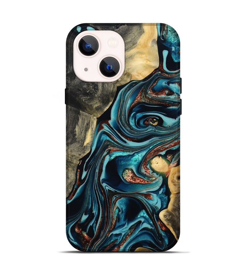 iPhone 14 Wood Live Edge Phone Case - Olen (Teal & Gold, 800487)