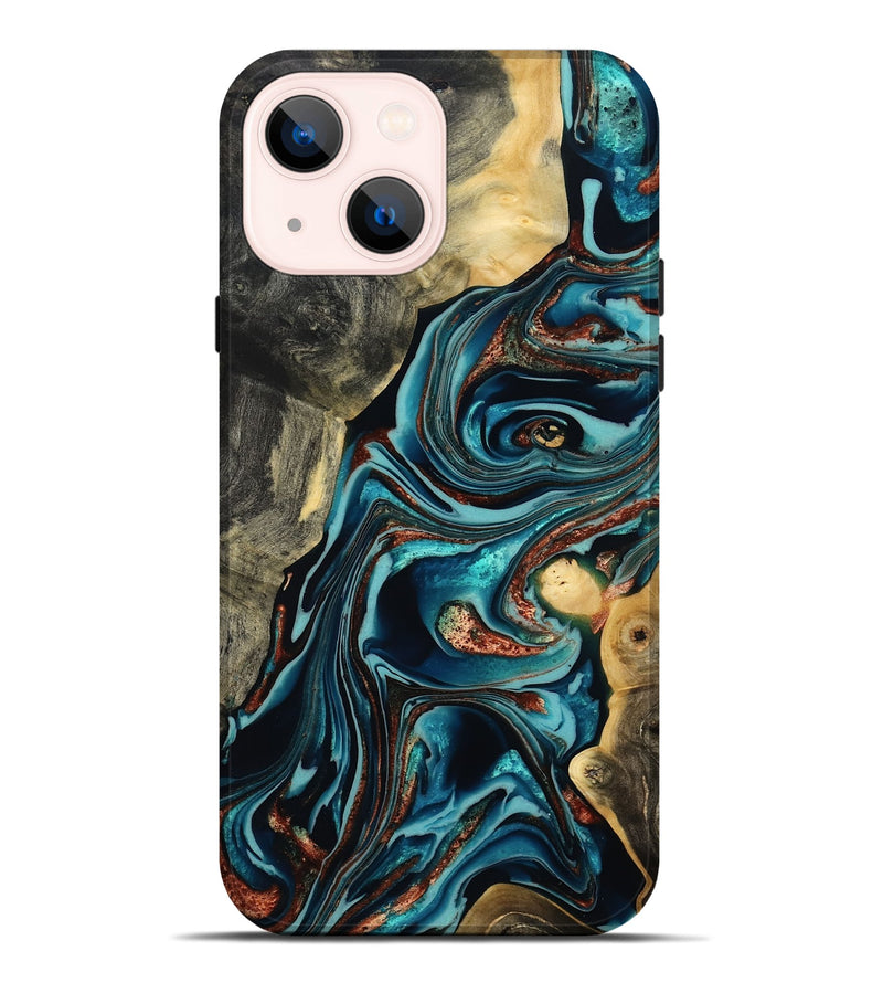 iPhone 14 Plus Wood Live Edge Phone Case - Olen (Teal & Gold, 800487)