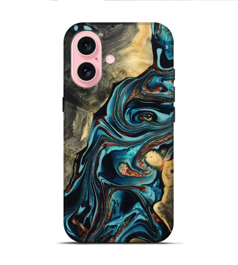iPhone 16 Wood Live Edge Phone Case - Olen (Teal & Gold, 800487)