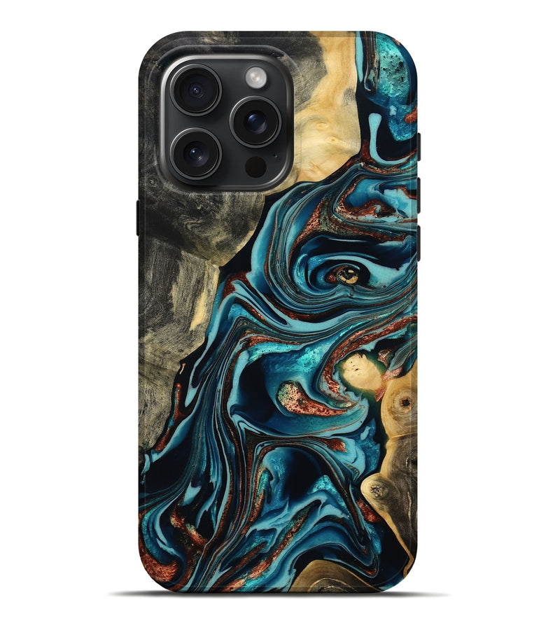 iPhone 16 Pro Max Wood Live Edge Phone Case - Olen (Teal & Gold, 800487)