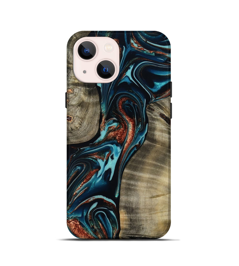 iPhone 13 mini Wood Live Edge Phone Case - Chelsea (Teal & Gold, 800491)