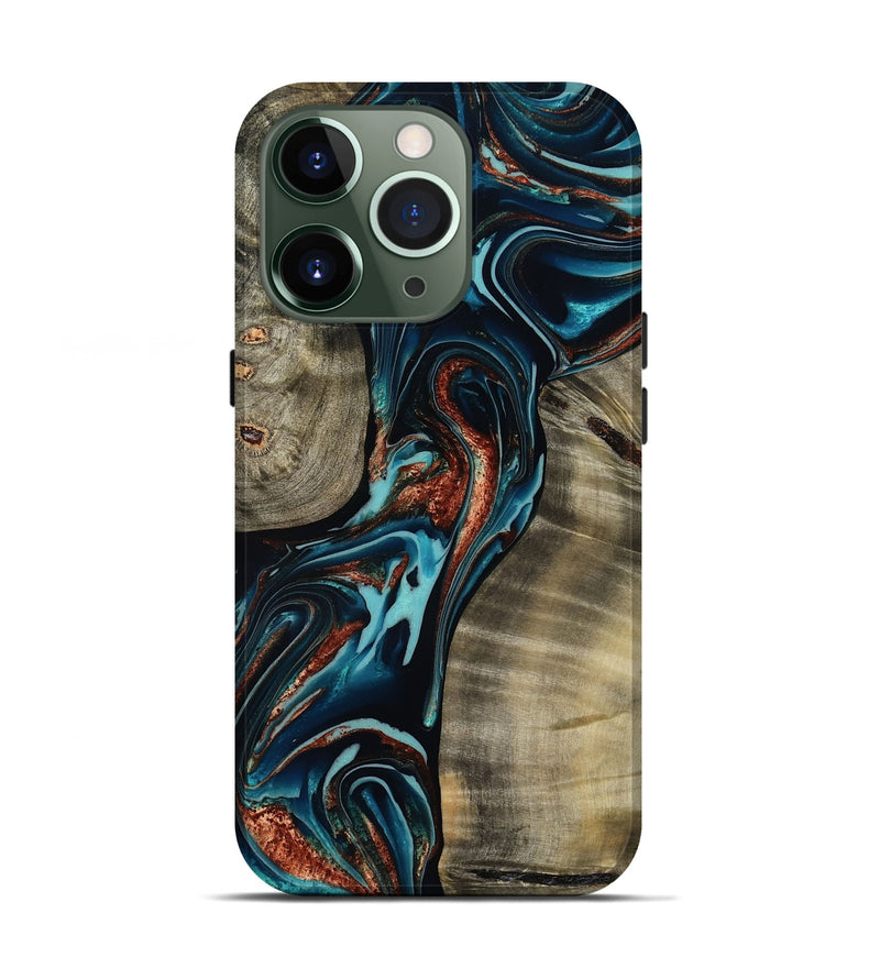 iPhone 13 Pro Wood Live Edge Phone Case - Chelsea (Teal & Gold, 800491)