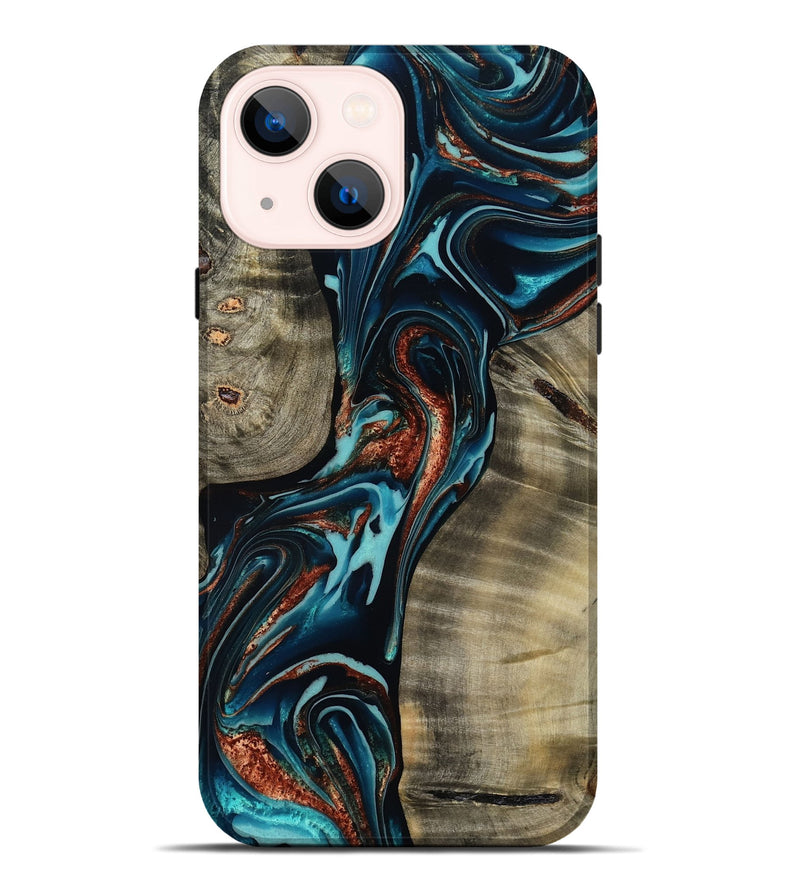 iPhone 14 Plus Wood Live Edge Phone Case - Chelsea (Teal & Gold, 800491)