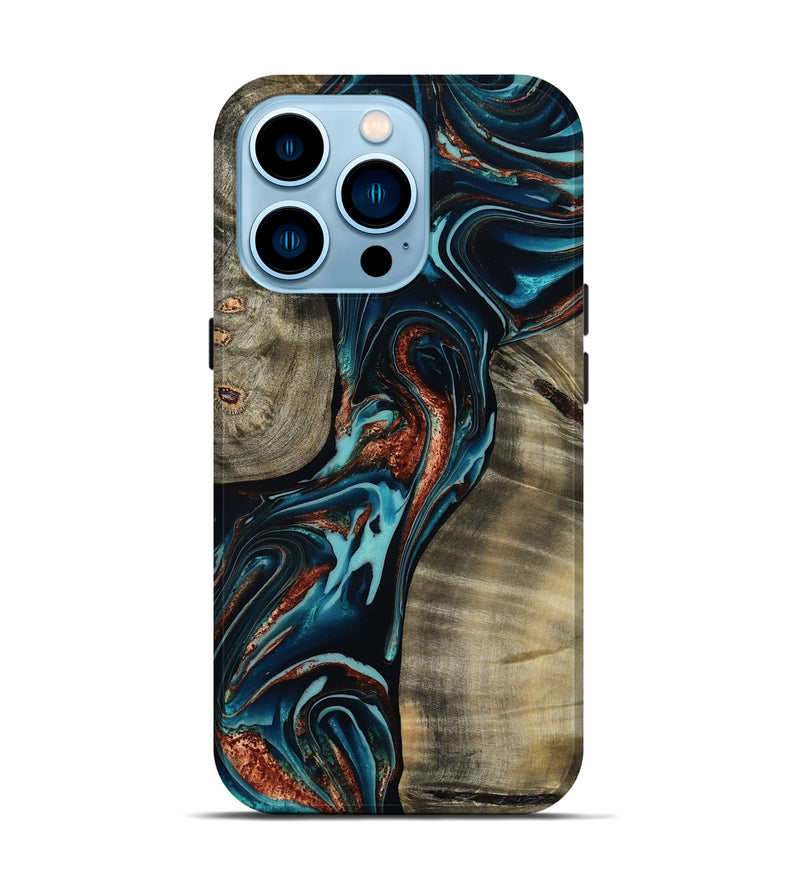 iPhone 14 Pro Wood Live Edge Phone Case - Chelsea (Teal & Gold, 800491)