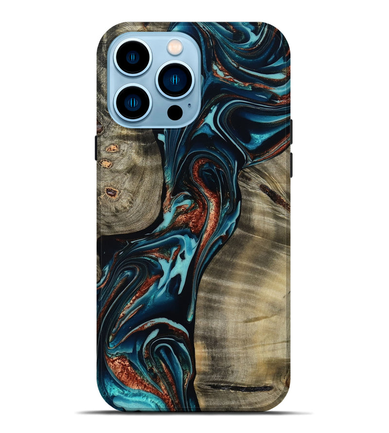 iPhone 14 Pro Max Wood Live Edge Phone Case - Chelsea (Teal & Gold, 800491)