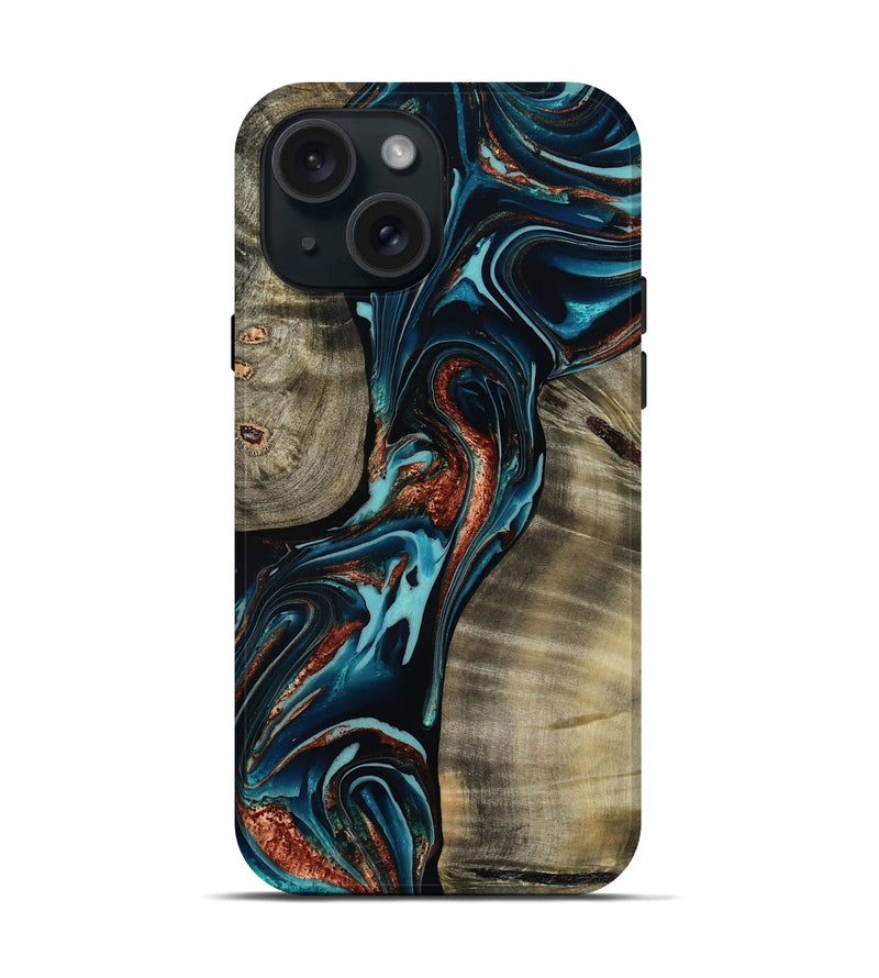 iPhone 15 Wood Live Edge Phone Case - Chelsea (Teal & Gold, 800491)