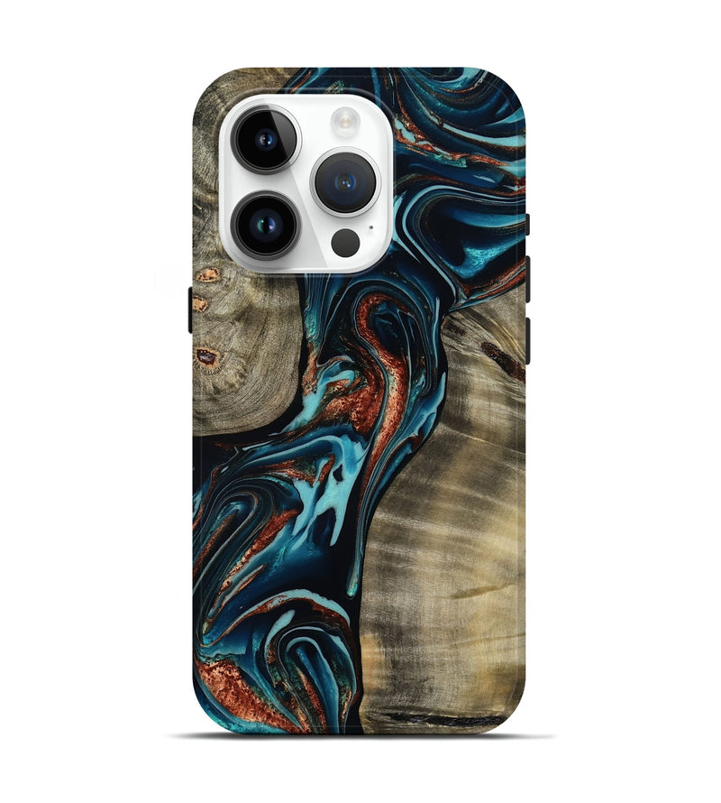 iPhone 15 Pro Wood Live Edge Phone Case - Chelsea (Teal & Gold, 800491)