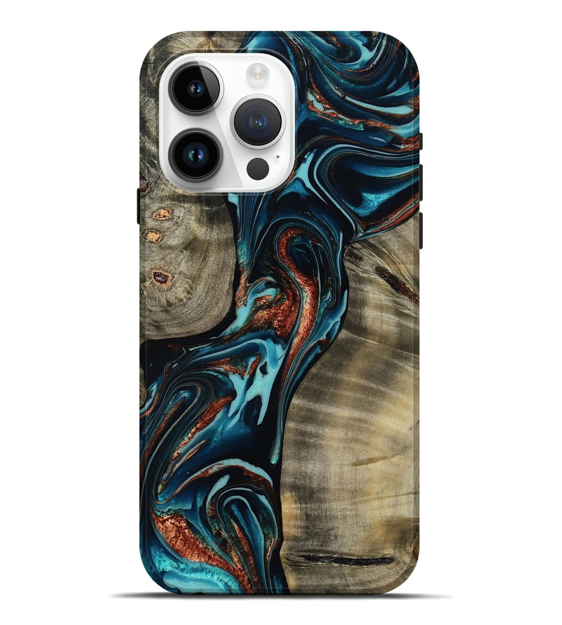 iPhone 15 Pro Max Wood Live Edge Phone Case - Chelsea (Teal & Gold, 800491)