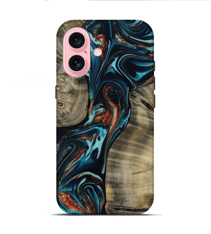 iPhone 16 Wood Live Edge Phone Case - Chelsea (Teal & Gold, 800491)