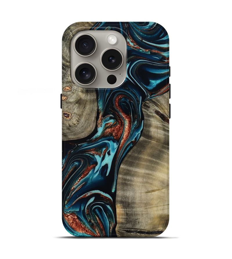 iPhone 16 Pro Wood Live Edge Phone Case - Chelsea (Teal & Gold, 800491)