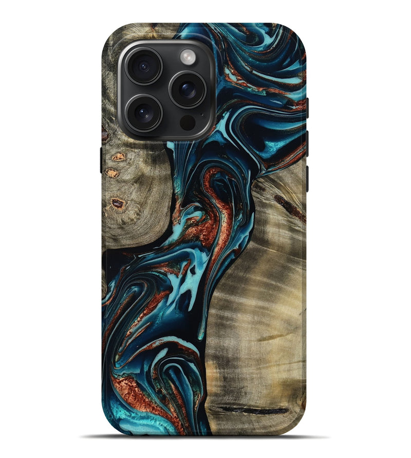 iPhone 16 Pro Max Wood Live Edge Phone Case - Chelsea (Teal & Gold, 800491)