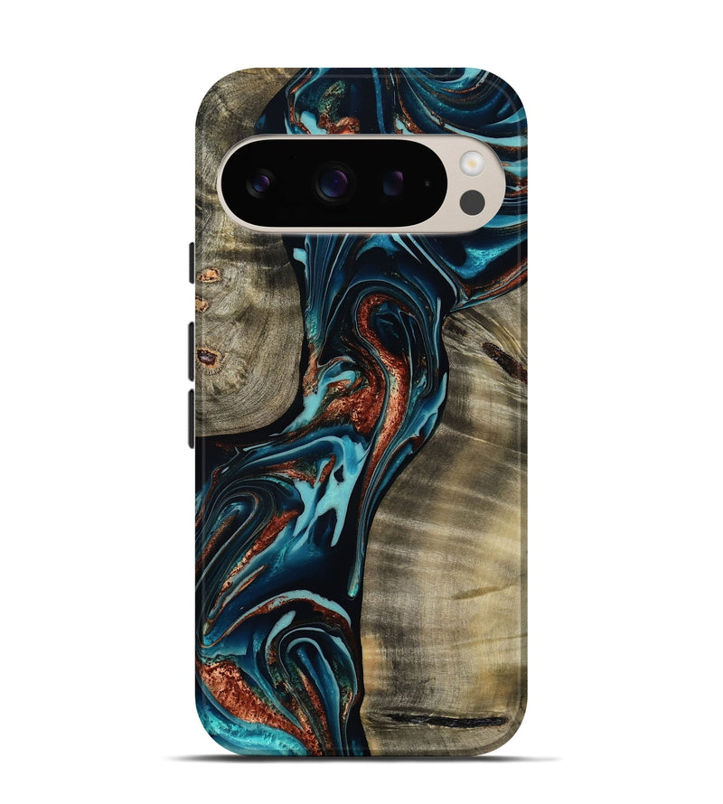 Pixel 9 Pro Wood Live Edge Phone Case - Chelsea (Teal & Gold, 800491)
