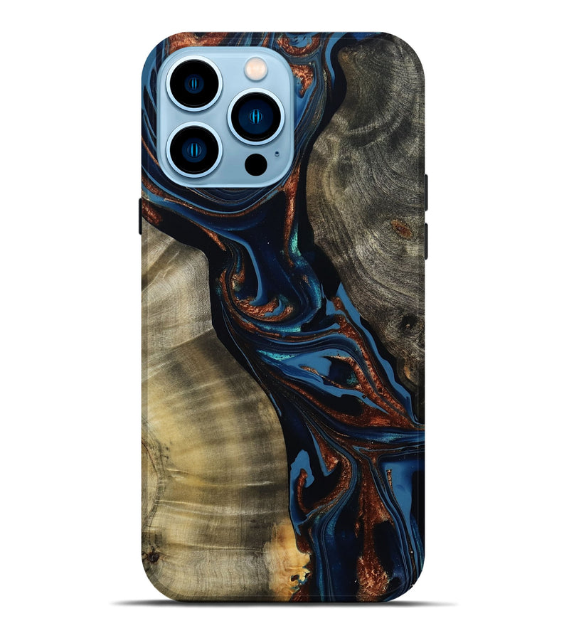 iPhone 14 Pro Max Wood Live Edge Phone Case - Edsel (Teal & Gold, 800499)