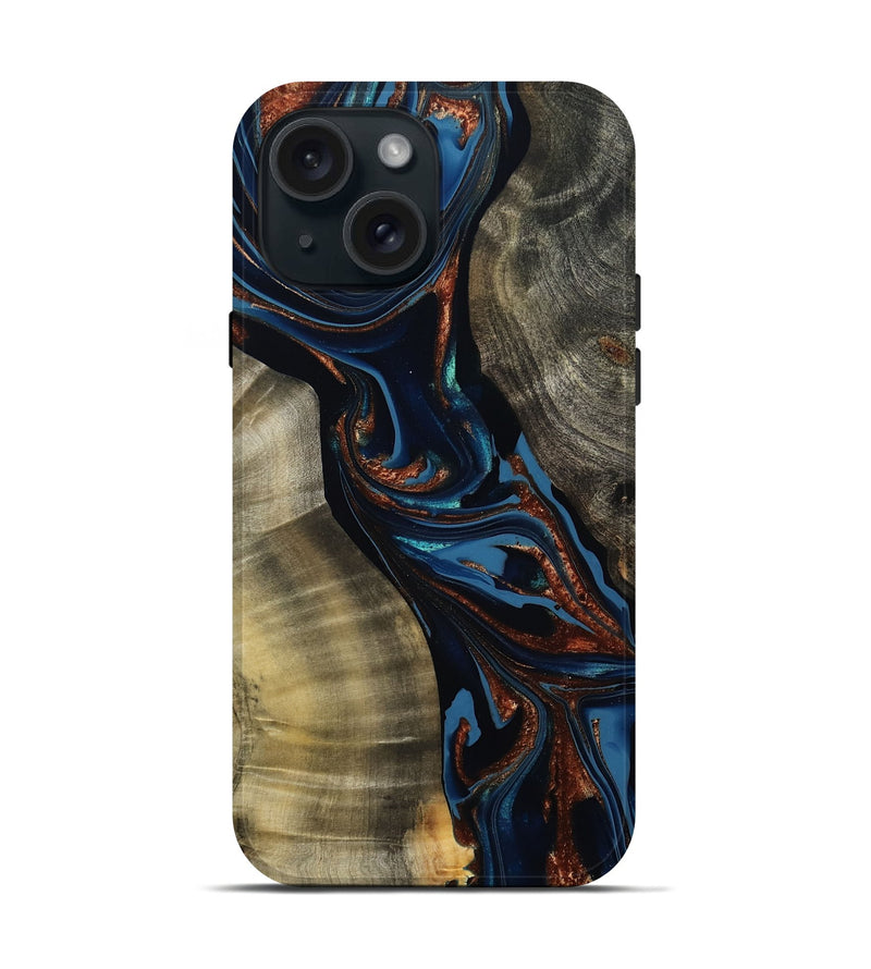 iPhone 15 Wood Live Edge Phone Case - Edsel (Teal & Gold, 800499)