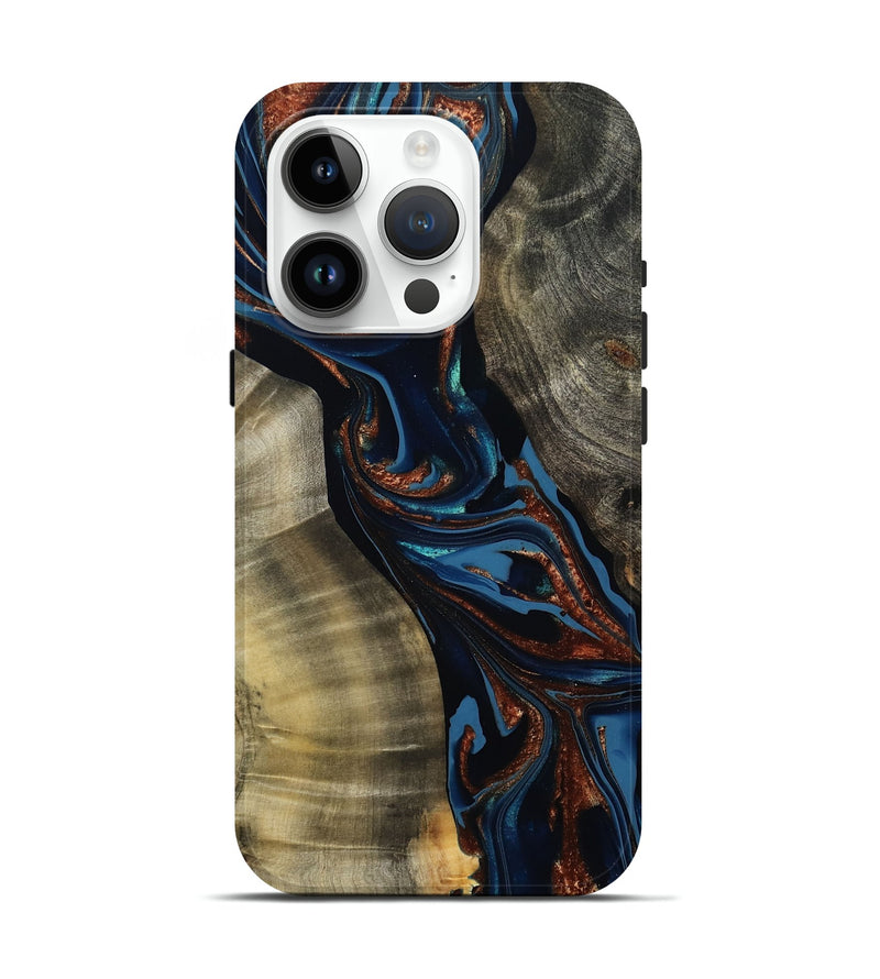 iPhone 15 Pro Wood Live Edge Phone Case - Edsel (Teal & Gold, 800499)