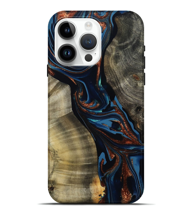 iPhone 15 Pro Max Wood Live Edge Phone Case - Edsel (Teal & Gold, 800499)