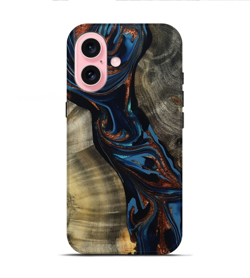 iPhone 16 Wood Live Edge Phone Case - Edsel (Teal & Gold, 800499)