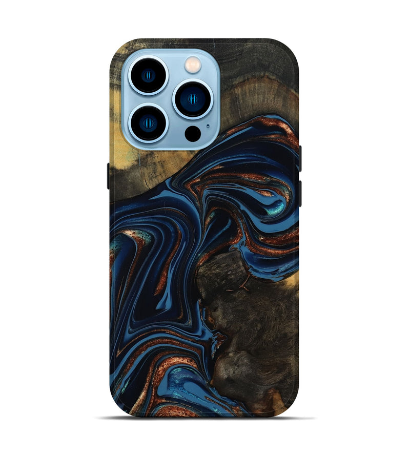 iPhone 14 Pro Wood Live Edge Phone Case - Winston (Teal & Gold, 800500)