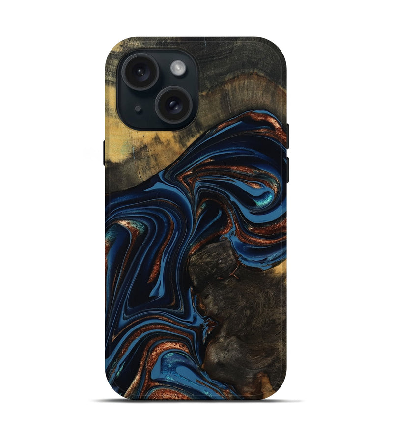 iPhone 15 Wood Live Edge Phone Case - Winston (Teal & Gold, 800500)