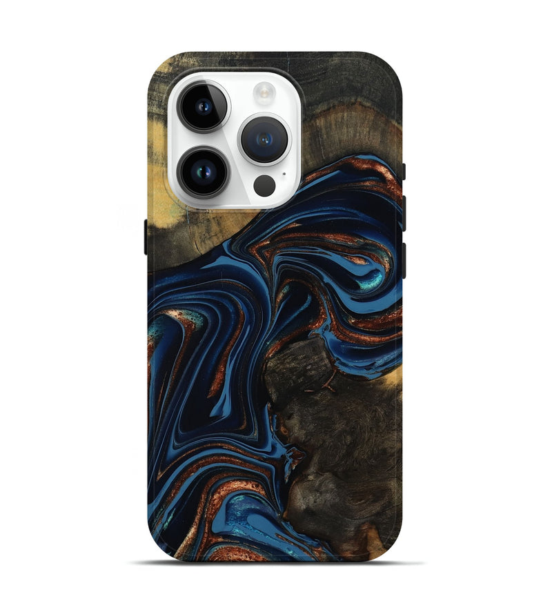 iPhone 15 Pro Wood Live Edge Phone Case - Winston (Teal & Gold, 800500)