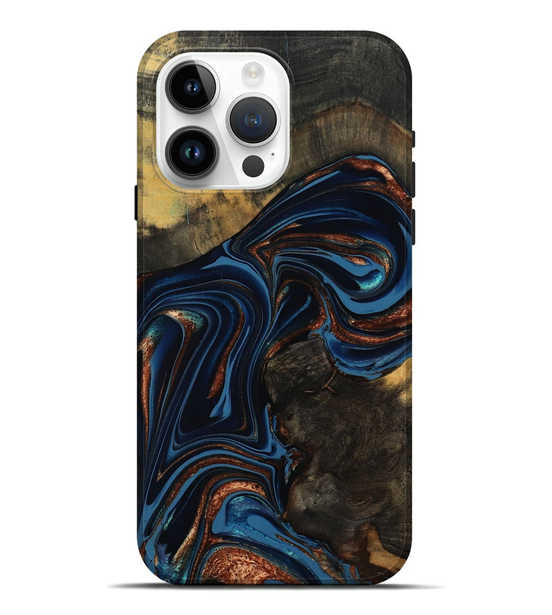 iPhone 15 Pro Max Wood Live Edge Phone Case - Winston (Teal & Gold, 800500)