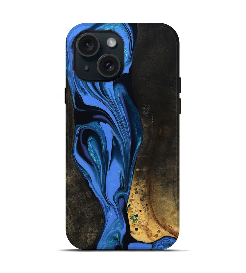 iPhone 15 Wood Live Edge Phone Case - Teresa (Blue, 800506)