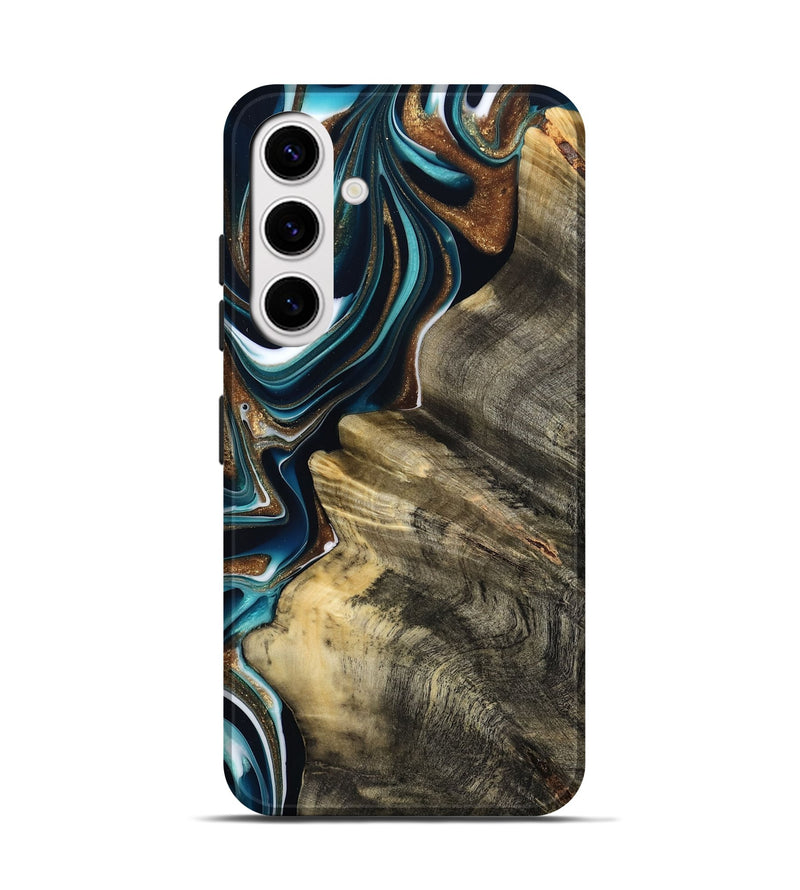 Galaxy S25 Wood Live Edge Phone Case - Unique (Teal & Gold, 800507)