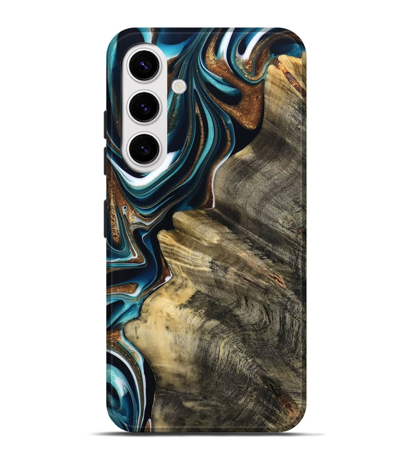 Galaxy S25 Plus Wood Live Edge Phone Case - Unique (Teal & Gold, 800507)