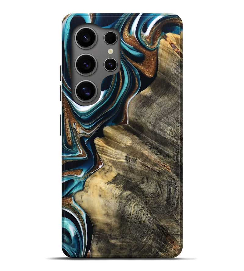 Galaxy S25 Ultra Wood Live Edge Phone Case - Unique (Teal & Gold, 800507)