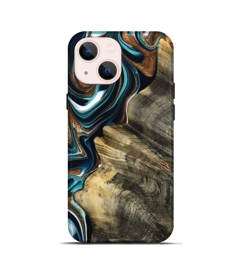 iPhone 13 mini Wood Live Edge Phone Case - Unique (Teal & Gold, 800507)
