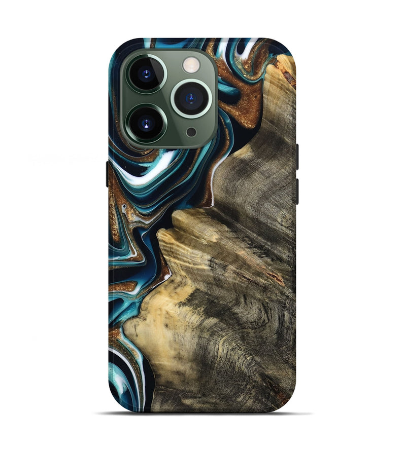 iPhone 13 Pro Wood Live Edge Phone Case - Unique (Teal & Gold, 800507)